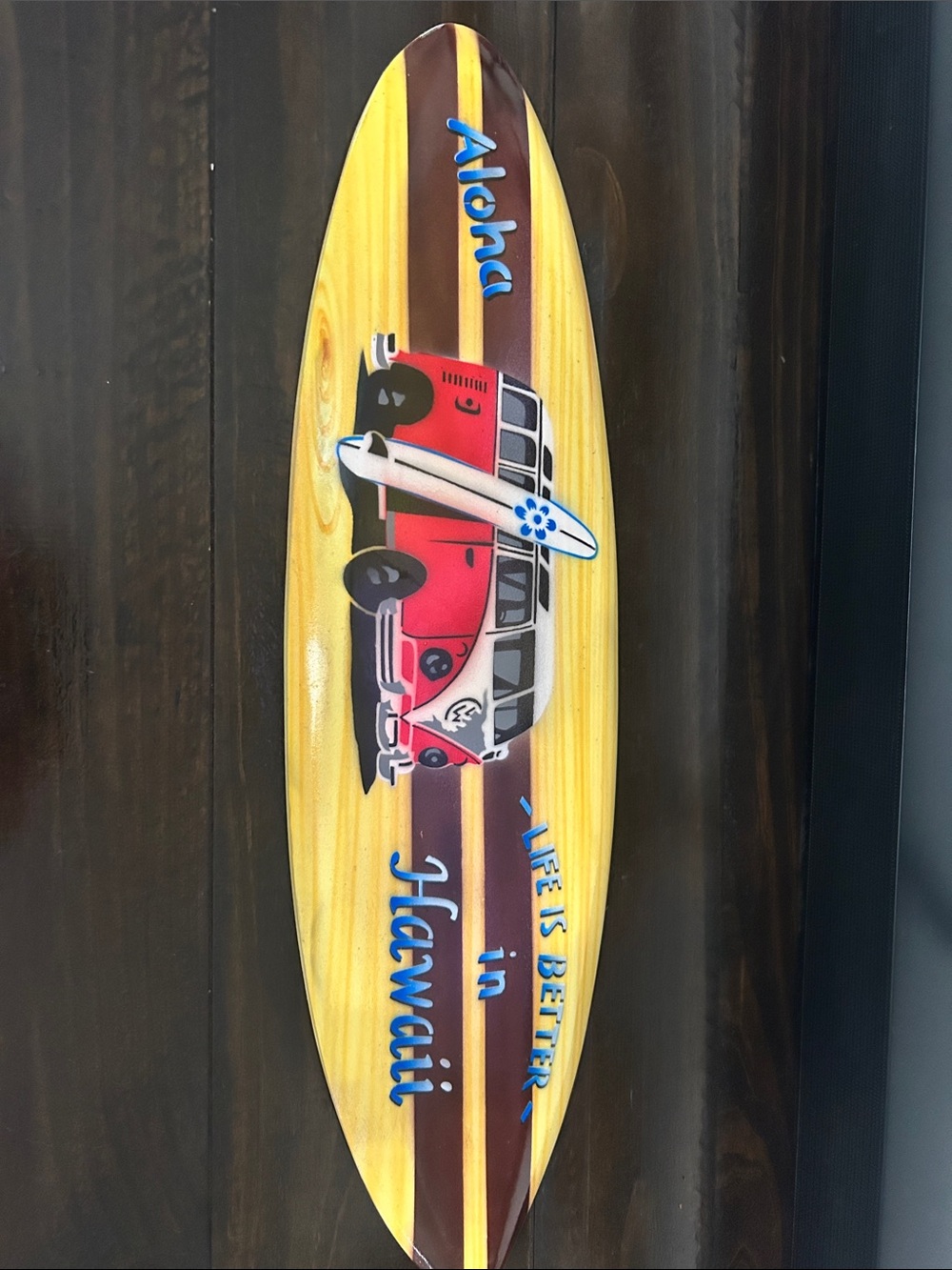 Aloha Wooden Surfboard Wall Decor with Red VW Bus